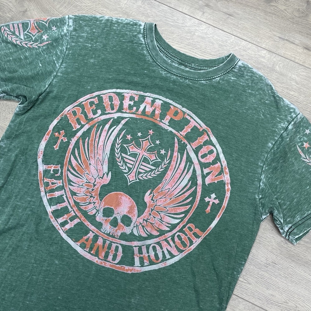 Raw State Premium Y2K S/S T Shirt Men Sz XL Green Punk Rock Metal Redemption
